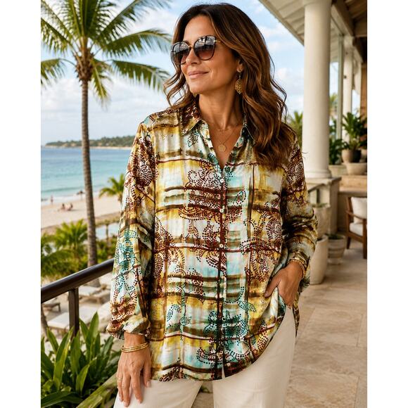 Susan Graver Tops - Susan Graver Luxe Print Tunic L Silky Button Front Top